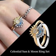 ✨ Embrace the celestial allure with our Celestial Sun Moon Ring Set! 🌞🌙 Let the enchanting quote "Live by the sun, love by the moon" guide your journey. Crafted with love, this set is made of 925 Sterling Silver, adorned with sparkling crystals, and plated with White Gold. 💖 ✨ Rest assured, this ring is Nickel-free, Lead-free, Cadmium-free, and Hypoallergenic, ensuring a safe and comfortable wearing experience for all. 💫 Quality Assurance guarantees its skin-friendly nature, making it a perf Adjustable Magical Jewelry With Sun And Moon Design, Adjustable Magical Sun And Moon Jewelry, Celestial Jewelry With Sun And Moon Design For Promise, Magical Sun And Moon Design Ring, Moon And Sun Ring, Sun And Moon Rings, Sun Ring, Sunshine Necklace, Celestial Sun