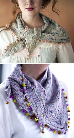 two different pictures of a woman wearing a hat and scarf with beads on her neck