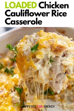 loaded keto chicken cauliflower rice casserole in a white dish