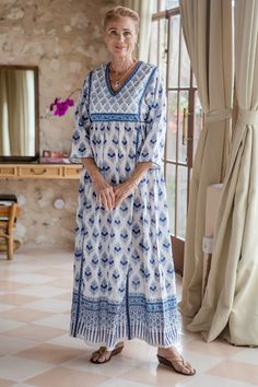 Cotton Floral-Motif Maxi Dress from India - Fantasy Land | NOVICA Nighty Designs Indian Cotton, Nighty Designs Indian, Jaipur Shopping, Nighty Designs, Cotton Night Dress, Simple Kurti, Maxi Dress Designs, Empire Waist Maxi Dress, Fantasy Land