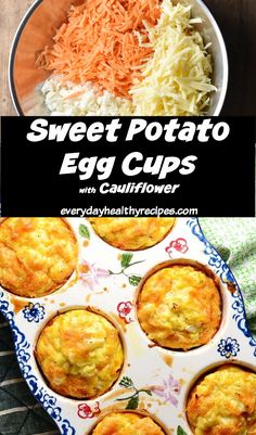 sweet potato egg cups with cauliflower and shredded carrots on the side in a bowl