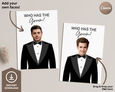 "Bridal Shower Game Are you looking for a fun and exciting way to get your bridal shower guests mingling? Look no further than our Who Has the Groom Bridal Shower Game! This silly game will have everyone laughing and guessing to see who knows their celebrity grooms! Celebrities Included: Jacob Elordi Andrew Garfield Zac Efron Henry Cavill Blank Card For Groom WHAT WILL YOU RECEIVE? Pack of 5 cards PDF file with links to Canva Templates Print Template SIZES 2\" x 3.5\" in   8.5\" x 11\" in Print template Follow Our Store: https://www.etsy.com/shop/AestheticPaperie FEATURES: Instant download Text is customizable on Canva Easy to edit Download multiple times Lifetime access to your template HOW TO USE: Make your purchase Download your files from Etsy (Files can be found at checkout or in the Who Has The Groom, Jacob Elordi, Silly Games, Off Game, Bachelorette Party Games, Bridal Shower Game, Zac Efron, Andrew Garfield, Blank Card