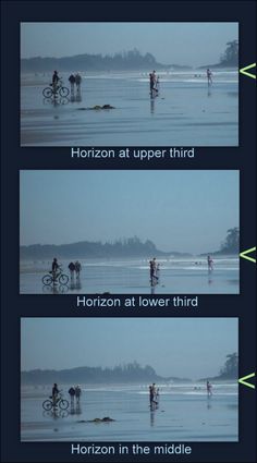 two pictures with people riding bikes on the beach and one has a person standing in the water