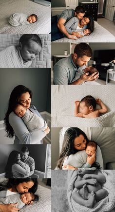 a man and woman cuddle their baby while they lay on the bed in black and white