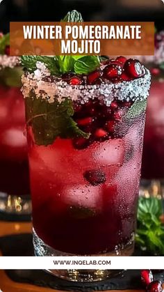 two glasses filled with ice and cranberry mojito