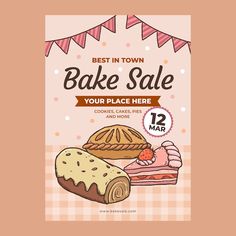 a flyer for a bakery sale with cakes and pies on it's side