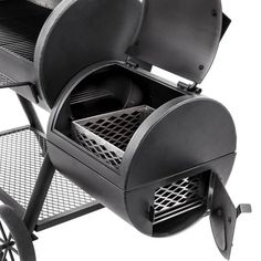 an outdoor charcoal grill on wheels with the door open to show its cooking area and storage compartment