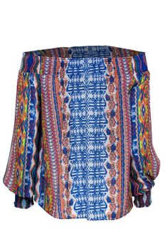 Bring the party wherever you go in this fun blouse from Ramy Brook! A bright and bold Aztec-inspired print in an off-the-shoulder silhouette makes this eye-catching piece perfect for a hot summer night out! You'll be sure to sizzle when you pair this with a miniskirt and colorful heels. Size XS/S 100% Polyester Pullover closure Unlined Off-the-shoulder design w/ elastic Long sleeve Multicolored Aztec print design Bust 29" Sleeve length 37" Sleeve length 19" Shoulder to hem 20" Trendy Blue Abstract Print Top, Trendy Blue Top With Abstract Print, Bold Multicolor Printed Tops, Bold Multicolor Summer Tops, Blue Abstract Print Tops For Summer, Bohemian Summer Blouse With Bold Print, Summer Party Printed Blouse, Bohemian Blouse With Bold Print For Summer, Bohemian Tops With Bold Print For Spring