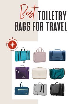 the best toiletry bags for travel are on display in front of a white background