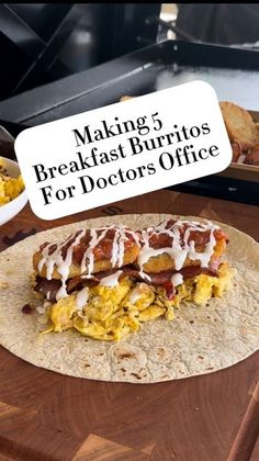 a breakfast burrito with eggs and bacon on it