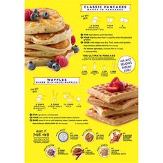 a menu for pancakes with blueberries and strawberries on top