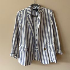 100% Cotton Blue And White Striped Blazer Never Worn With Tags Bought From Forever 21 Spring Striped Button-up Blazer, Trendy Striped Blazer For Spring, Summer Cotton Blazer For Day Out, Spring Cotton Blazer For Day Out, Lilac Blazer, Khaki Blazer, Beige Blazer, Lightweight Blazer, Green Blazer