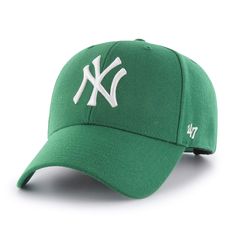 a baseball cap with the new york yankees in white on a light green colored background