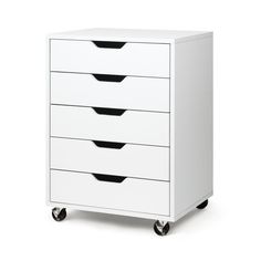 a white dresser with four drawers on it's wheels and two black knobs