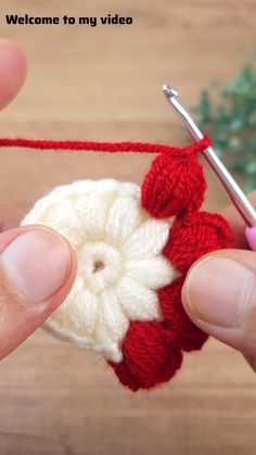 someone is crocheting a small white and red flower with a needle in it