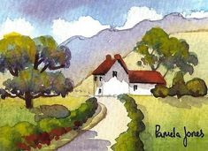 a watercolor painting of a country road leading to a house