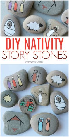 rocks painted with nativity story stones and text overlay that says diy painted rocks nativity story stones