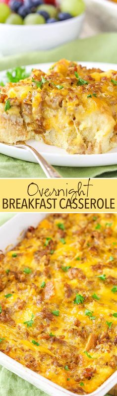 two pictures of breakfast casserole with meat and vegetables on the side, one in a white dish