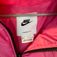 Brand New With Tags Nike Therma-Fit Puffer Jacket Nike Nylon Puffer Outerwear, Nike Therma Fit Jacket, Pink Nylon Puffer Jacket With Padded Collar, Hot Pink Puffer Jacket With Hood, Pink Winter Puffer Jacket With Zipper Closure, Nike Pink, Puffer Jacket, Nike Jacket, Pink Black