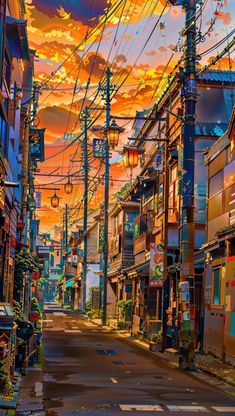 an oil painting of a city street with telephone poles and buildings in the foreground