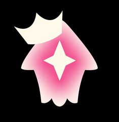 a black background with pink and white shapes on the bottom right corner, including a star in the center