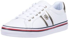 PRICES MAY VARY. [Synthetic] sole Round-toe lace-up sneakers Striped detailing and gold tone hardware Cushioned Insole Upper- Polyurethane, Lining- Cotton, Outsole- Rubber Most Comfortable Sneakers, Tommy Hilfiger Store, Tommy Hilfiger Sneakers, Sneakers Fashion Outfits, Tommy Hilfiger Shoes, Star Shoes, Comfortable Sneakers, Adidas Superstar Sneaker, Tommy Hilfiger Women