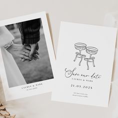 two wedding cards, one with the bride and groom's hands holding each other