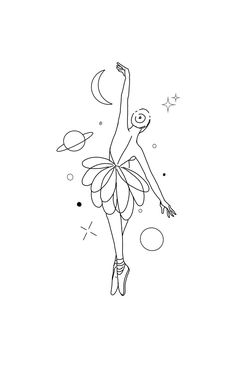 a black and white drawing of a ballerina in the air with her arms outstretched