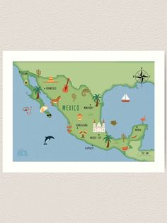 an illustrated map of mexico with all the major cities and their names in green art print