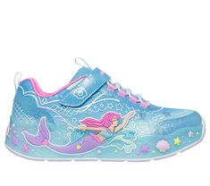 Sparkle and shine in style wearing Skechers S-Lights Mermaid Dreams. This sporty Magical Collection lighted design features a mesh and synthetic glitter finish upper with a mermaid themed side graphic, stretch laces, Skechers Adaptive Closure, and a cushioned comfort footbed. | Skechers Girl's S-Lights: Mermaid Dreams Sneaker | Medium Width | From Skechers' thematic Magical Collection | On/off light button | Skechers easy on, easy off Adaptive Closure for a customized fit | Cushioned comfort insole | Mesh and synthetic glitter finish upper | Stretch laces with adjustable instep strap | Flexible traction outsole | Skechers Technology Clothes, Girls Shoes Sneakers, Insole Design, Mermaid Dreams, Hiking Sandals, Girls Shoes Kids, Belt Purse, Wide Shoes, Sparkle And Shine