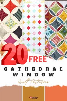 20 free cathedral window quilt patterns with text overlay that reads, 20 free cathedral window quilt patterns