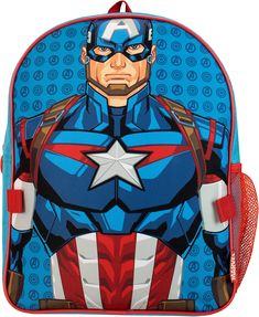 Officially licensed Marvel merchandise. A blue backpack and lunch bag featuring Captain America A blue rucksack showcasing Captain America, with a rubber shield zip pull and a mesh side pocket. Complete with a detachable lunchbox in the shape of Cap's shield. Approximate Dimensions: Backpack: H:14 x W:11 x D:4 inches Lunchbag: H:9 x W:9 x D:2.5 inches They'll feel as brave as Steve Rogers with this awesome backpack and shield lunchbox The most marvel-ous school bag for your avenger in training M Red Themed Standard Backpack, Themed Blue Backpack For End Of School Year, Blue Themed School Bags, Themed Blue School Bags, Themed Red Backpack For School, Durable Blue School Backpack, Themed Red School Backpack, Themed Red Travel Backpack, Red Character Bag For School