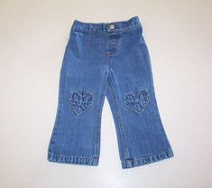 Infant Girl's Jeans This pair of jeans has been worn but are in good condition. The brand name is "Wonder Kids" and a size 18 months.  Some of the features are mock fly, mock snap waistband with back elastic and heart patches on knee.  They are made of 99% cotton and 1% spandex material.  Measurements are waist-19" (unstretched), rise-7" and inseam-11".    Pet and Smoke Free Home! I accept Paypal.  Pay Pal only from outside the United States. Please pay within 7 days of purchasing your item. I w Flair Jeans, Jnco Jeans, Heart Patches, Jeans Kids, Blue Denim Jeans, Girls Jeans, Blue Denim, Denim Jeans, United States