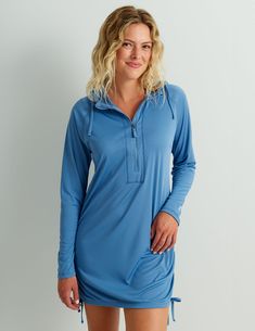 Womens Pursuit Cover-Up Dress Long Sleeve Beachwear For Outdoor, Long Sleeve Beachwear Swimwear For Outdoors, Long Sleeve Swimwear With Upf 50+ For Outdoor, Casual Long Sleeve Solid Swimwear, Casual Fitted Pool Cover-up, Fitted Casual Pool Cover-up, Stretch Long Sleeve Swim Dress For Pool, Casual Blue Swimming Cover-up, Casual Blue Cover-up For Swimming