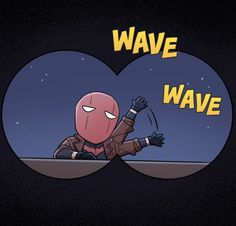 an image of a cartoon character with the words wave in front of him and his hand up