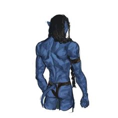 a drawing of a man in blue with his back to the camera