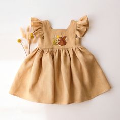 Spring Brown Pinafore Dress, Squirrel Embroidery, Outfit Birthday Party, Color Melon, Square Neckline Dress, Linen Pinafore, Baby Dress Design, Birthday Party Outfits, Kids Gown