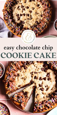 an easy chocolate chip cookie cake with sprinkles on the top and bottom