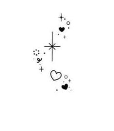 a cross and hearts tattoo on the back of a woman's shoulder, with stars in