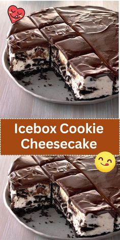 an icebox cookie cheesecake with chocolate frosting