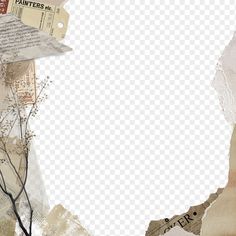 an old torn piece of paper with flowers and papers on the bottom, transparent background