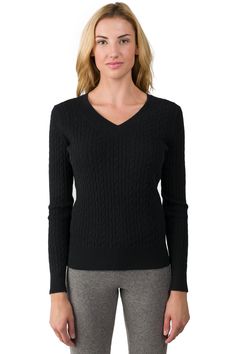 This luxurious cashmere sweater has a relaxed, slim fit and a slightly longer silhouette. It features an elegant V neckline, ribbed cuffs and hem with long sleeves; Classic raised fisherman cable-knit provides soft and cozy protection, ideal for layering or wearing alone. This Cashmere Cable-knit V-neck Sweater is an essential element for every closet. We traveled the remote mountains of Mongolia to deliver this sweater with the world’s finest cashmere. This Cashmere Cable-knit V-neck Sweater is Cashmere Sweater Women, Black Knit Sweater, Sweater Fits, Womens Cashmere, Front View, Winter Style, Cozy Sweaters, Black Knit, V Neck Sweater