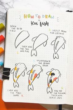 an open notebook with different types of dolphins drawn on it and colored pencils next to it