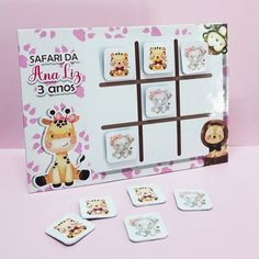 an animal themed game is shown in front of a pink background