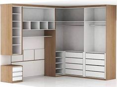 an open closet with drawers and shelves in white and brown wood finish, on the floor