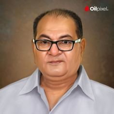 an older man wearing glasses and a blue shirt with the words oil pixell on it