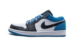 The Air Jordan 1 Low “Laser Blue” is the low-top version of Michael Jordan’s signature shoe in an eye-catching colorway that was released during summer 2020.  Laser Blue dotted suede detailing can be found on the collar and heel.  The suede construction contrasts the white leather base that is visible on the perforated toe and mid-panel.  The forefoot, eyelets, and Swoosh on the mid-panel are finished off in smooth black leather.  Jordan Brand adds light blue shoelaces that pop against the black Authentic Jordans, Sneakers Jordans, Blue Jordans, Shoes Retro, Fitting Room, Nike Models, Nike Dunk High, Hype Shoes, Shoe Inspo