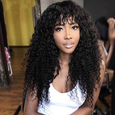 18&quot; Water Curly Hair Wig with Bangs Long Afro Wigs 12A Brazilian Human Hair Wig Human Hair Wigs With Bangs, Brazilian Remy Hair, Curly Hair Wig, Curly Human Hair Wig, Human Virgin Hair, Wig With Bangs, Hair Quality, Brazilian Human Hair, Real Human Hair