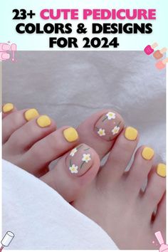 Natural short nails painted with glossy yellow acrylic and white daisy designs, perfect for casual summer days or picnics. A cute pedicure choice for a cheerful, vibrant style. Cute Pedicure Colors, Yellow Pedicure, Cute Pedicure Ideas, Natural Short Nails, Cute Pedicures, Nails Painted, Pedicure Ideas, Pedicure Colors