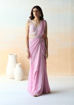 Aman Takyar-Lilac Pre-Draped Ruffle Saree Set-INDIASPOPUP.COM Drape Saree Indo Western, Pink Sharara, Sleeveless Blouse Saree, Purple Lehenga, Hand Embroidered Blouse, Best Blouse Designs, Purple Saree, Cotton Saree Designs, Ruffle Saree